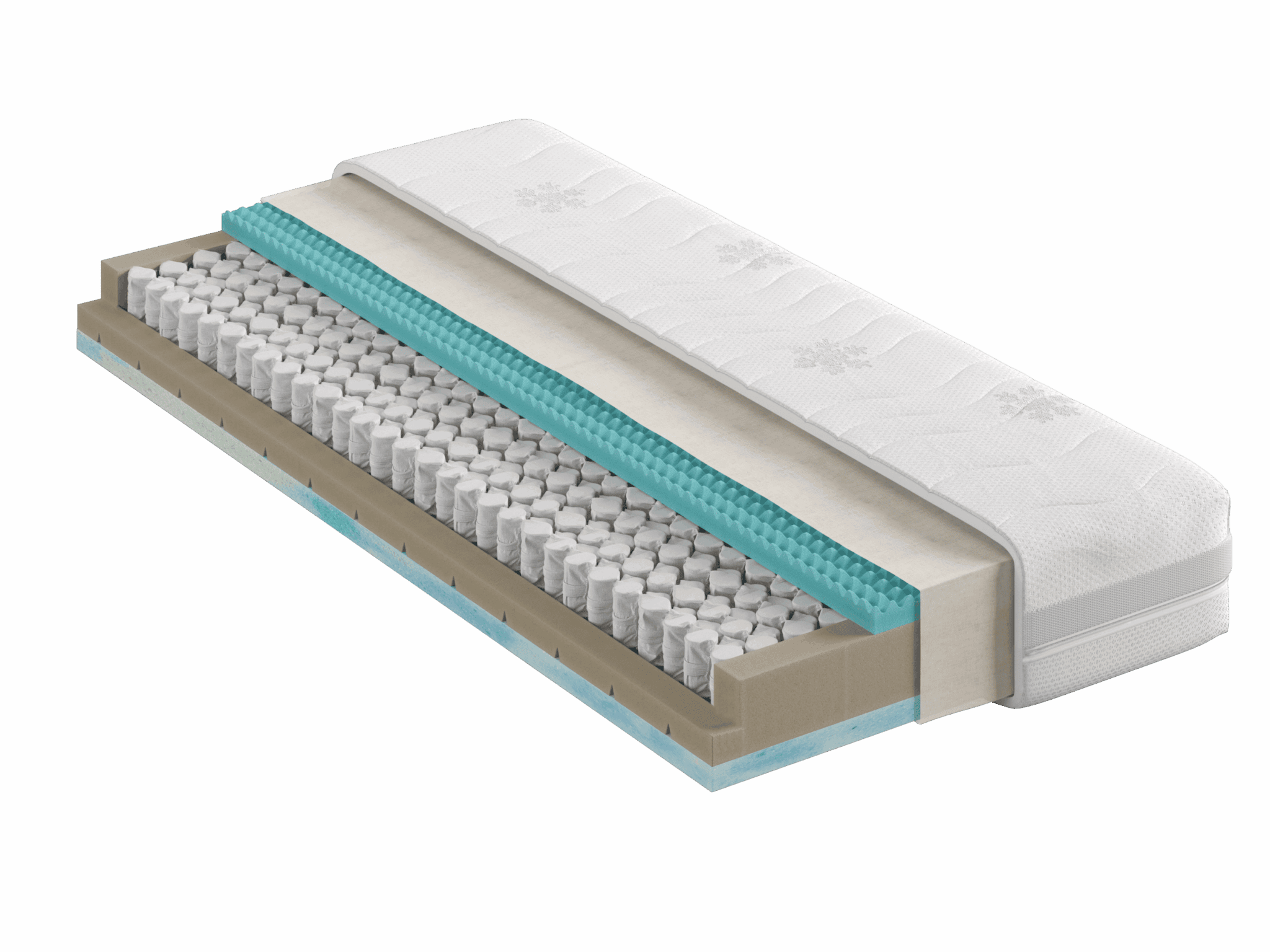 Royal Dream FUSION T700 im Schnitt: Taschenfedern in zwei Höhen unter den Funktionsplatten aus HR-Softschaum