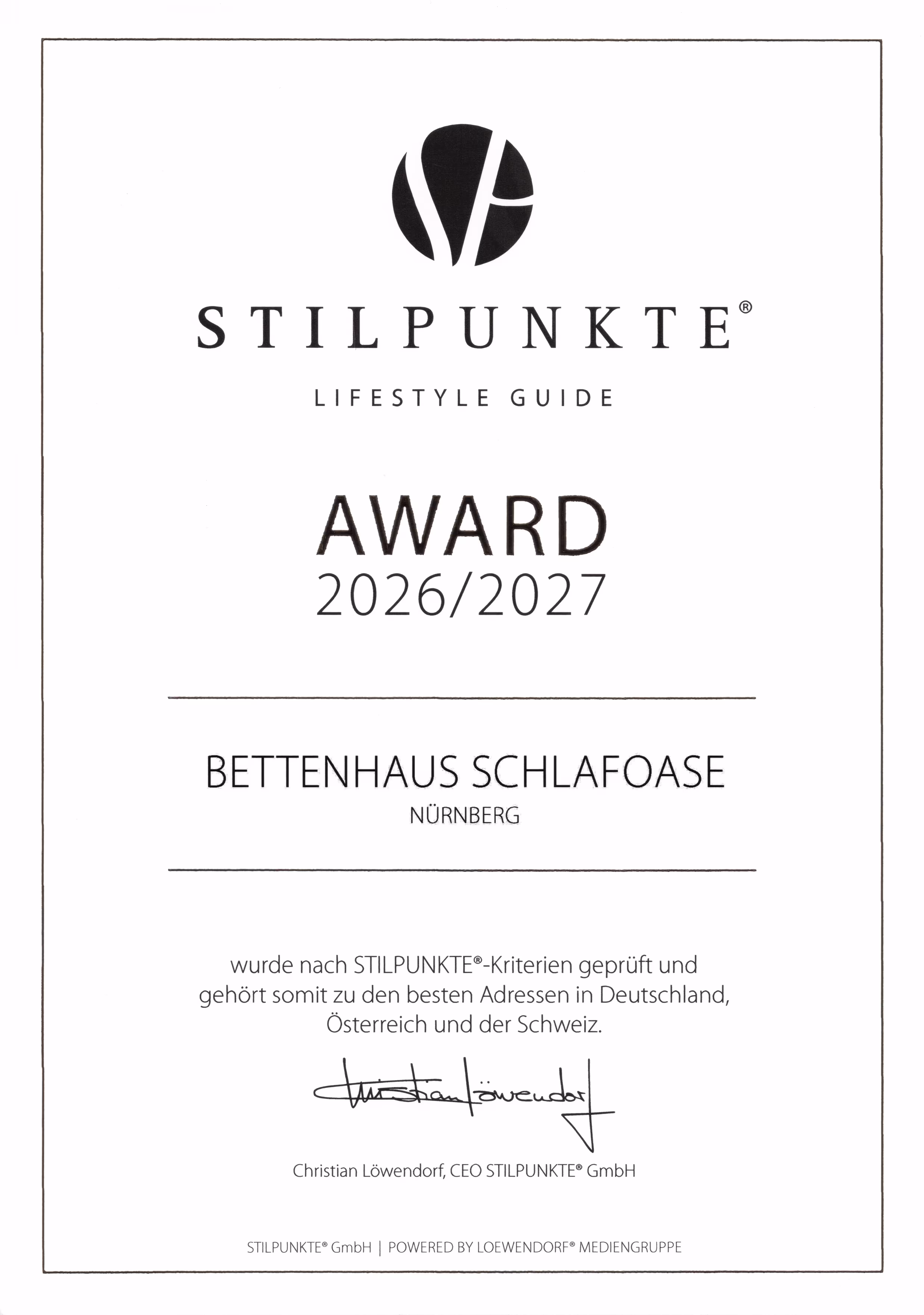 STILPUNKTE Award in Gold für das Bettenhaus Schlafoase Nürnberg