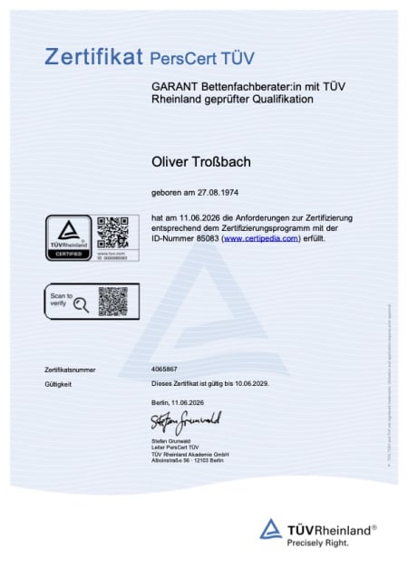 oliver-trossbach-urkunde-garant-bettenfachberater-mit-tuev_rheinland-geprüfter-Qualifikation-bettenhaus-schlafoase-nuernberg Team-Qualifiziert-Regional-Zertifiziert-Engagiert | Bettenhaus Schlafoase