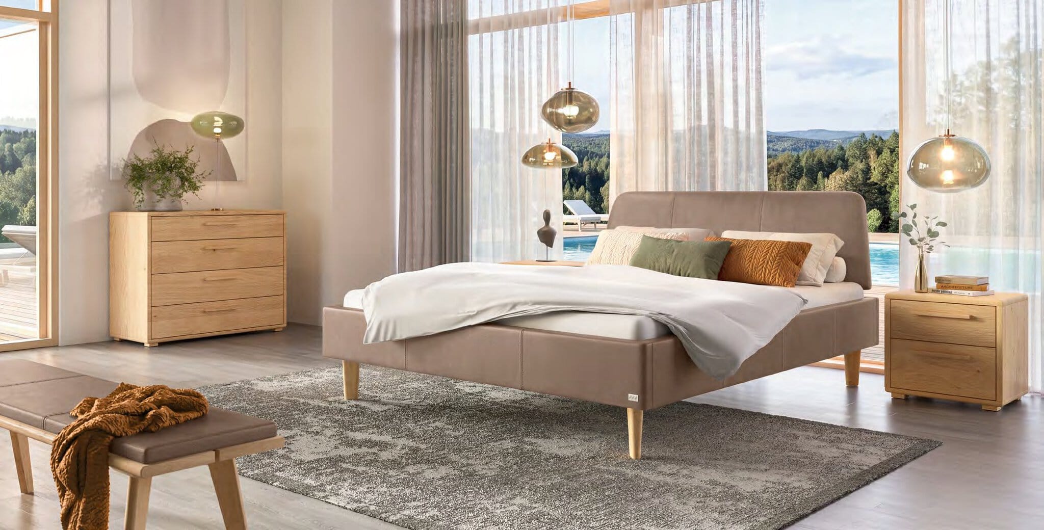 Hasena Dream-Line Polsterbett in Beige mit Nachttisch und Kommode aus Eiche