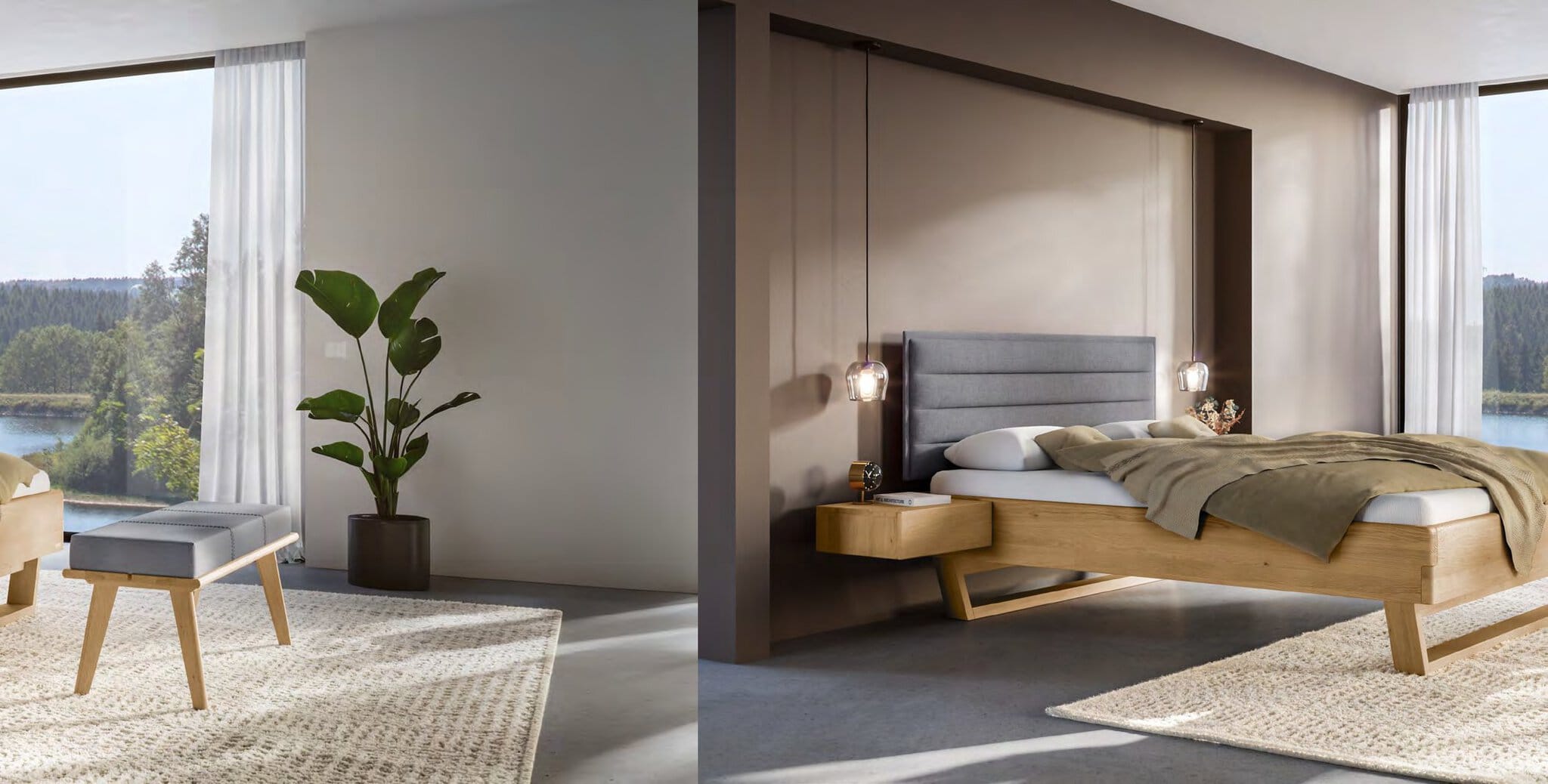 Hasena Oak-Bianco Bett aus heller Eiche mit grauem Polster-Kopfteil und Blick auf den See