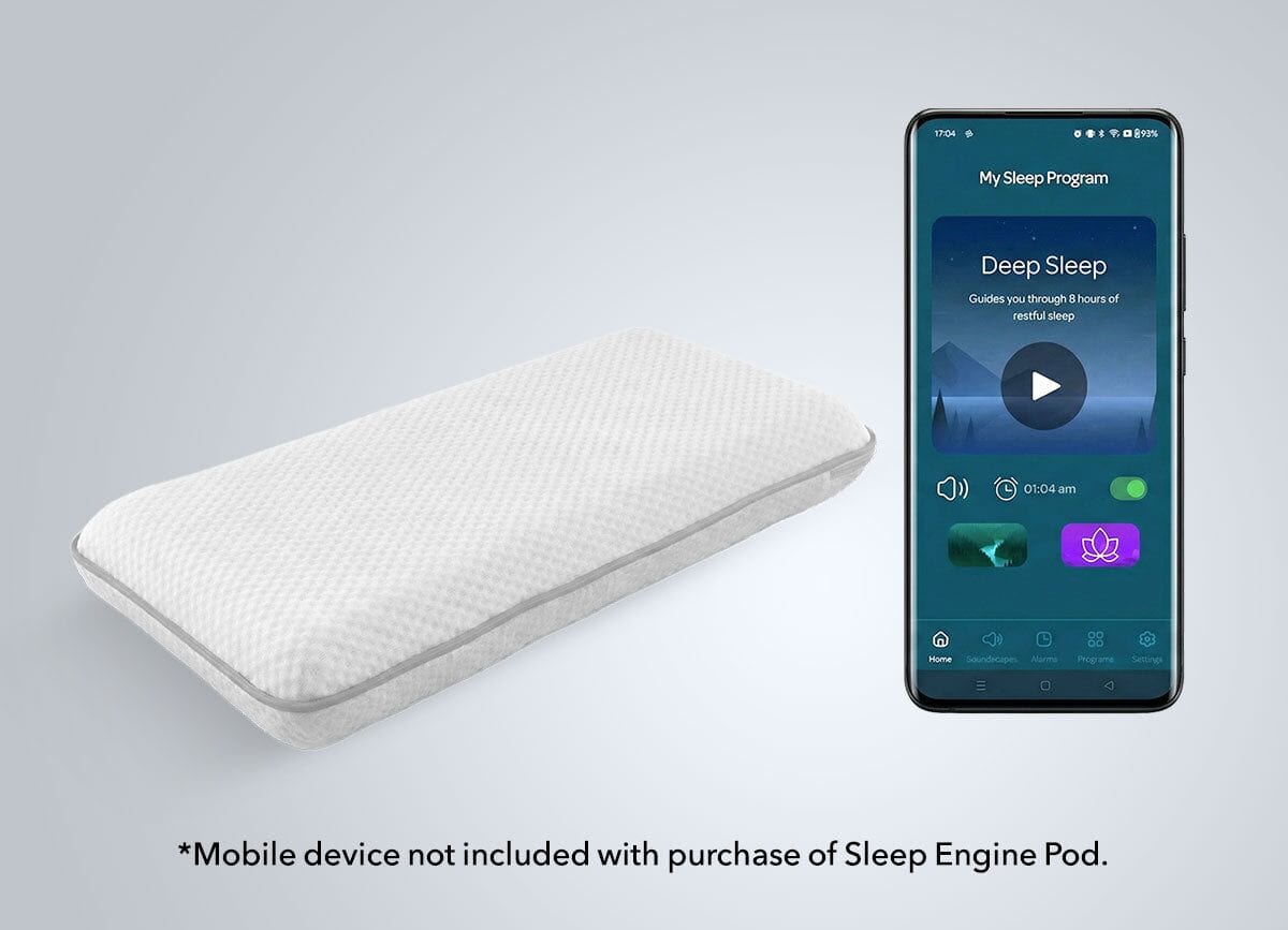 SleepEngine POD in Seitenansicht neben einem Smartphone mit der SleepEngine App für iOS und Android