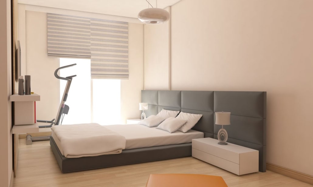 Helles, modernes Schlafzimmer im Sonnenlicht