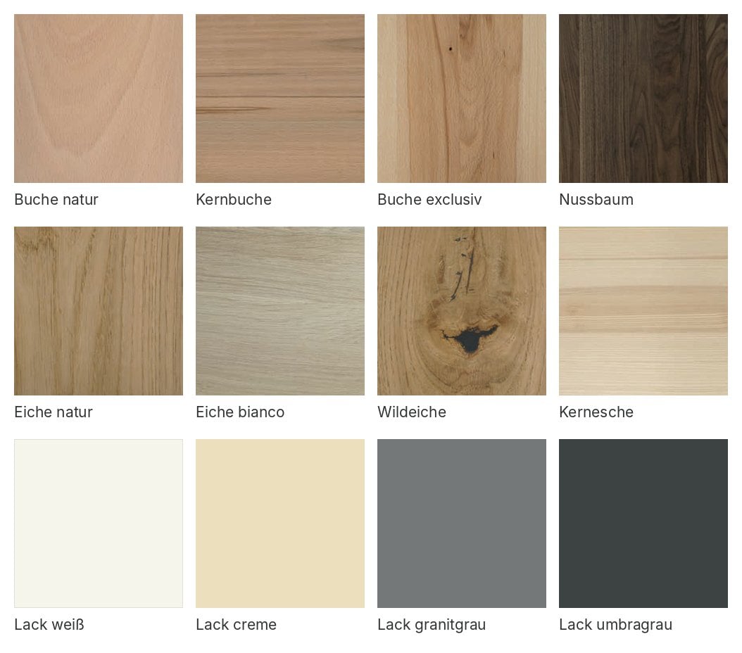 Kirchner Betten das "für immer" Funktionsbett 14 Holzarten und Lackfarben der KIRCHNER Prestige-Betten: Buche natur, Kernbuche, Buche exclusiv, Nussbaum, Eiche natur, Eiche bianco, Wildeiche, Kernesche sowie Lack weiß, creme, granitgrau und umbragrau
