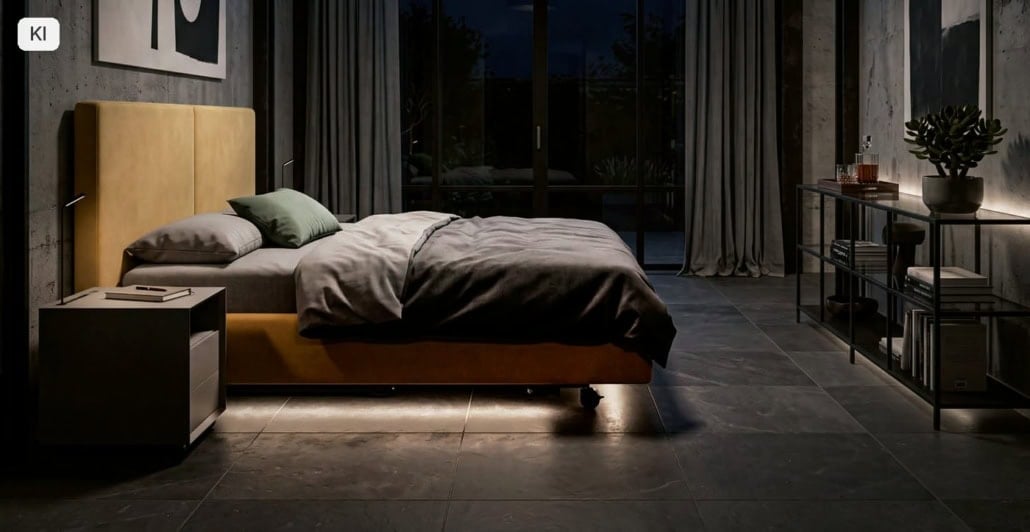 LED-Unterbettbeleuchtung KIRCHNER Komfortbett mit LED-Unterbettbeleuchtung in einem abendlichen Schlafzimmer (Bild KI-unterstützt, Produkt real)