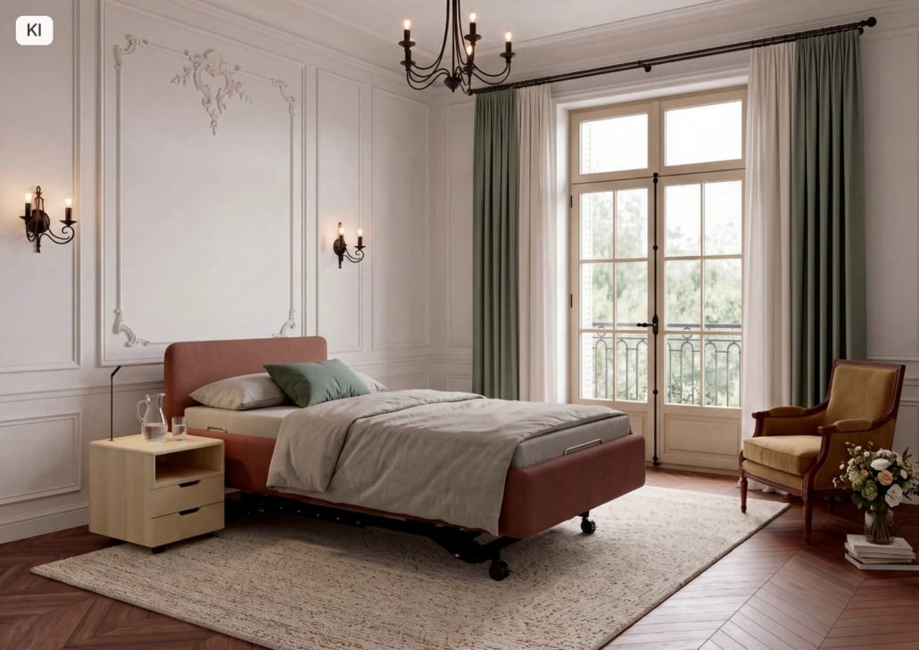 Prestige-Liegeflächen KIRCHNER Cortina Classic in rostbraunem Polsterstoff mit Nachttisch in einem hellen Altbau-Schlafzimmer (Bild KI-unterstützt, Produkt real)