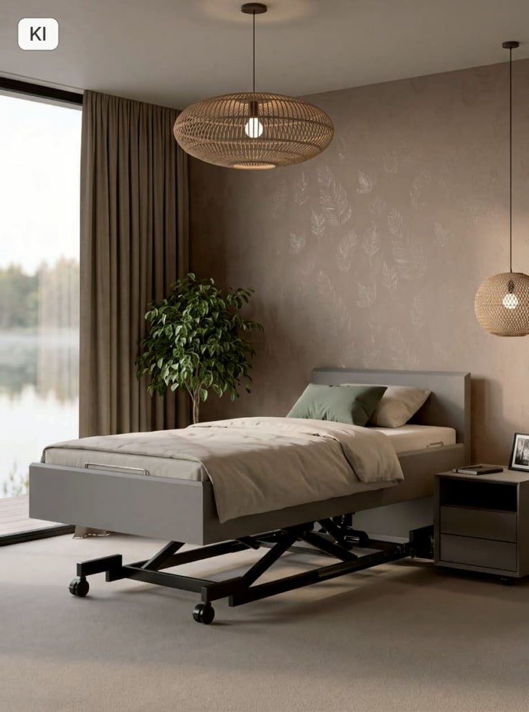 1-motorisches Liftsystem KIRCHNER Komfortbett mit 1-motorischem Liftsystem, der Bettrahmen ist parallel hochgefahren (Bild KI-unterstützt, Produkt real)