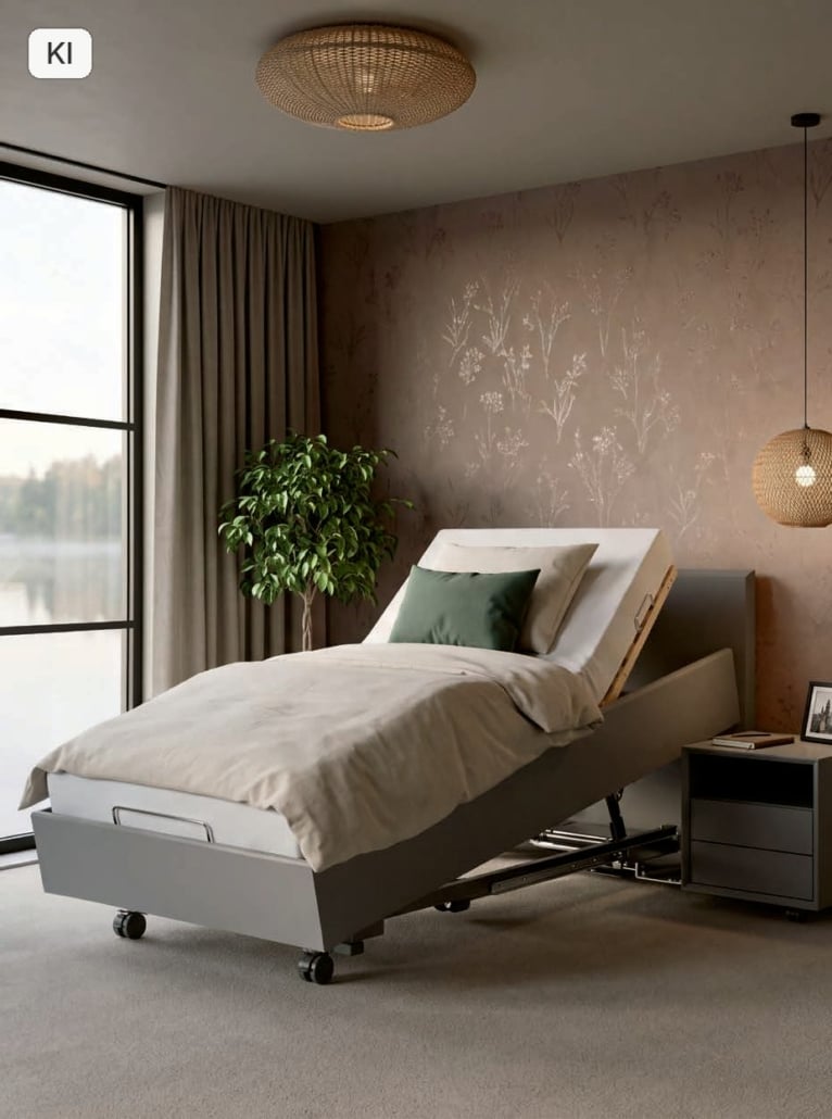 2-motorisches Liftsystem, geneigt KIRCHNER Komfortbett mit 2-motorischem Liftsystem, Bettrahmen zum Sitzen geneigt (Bild KI-unterstützt, Produkt real)