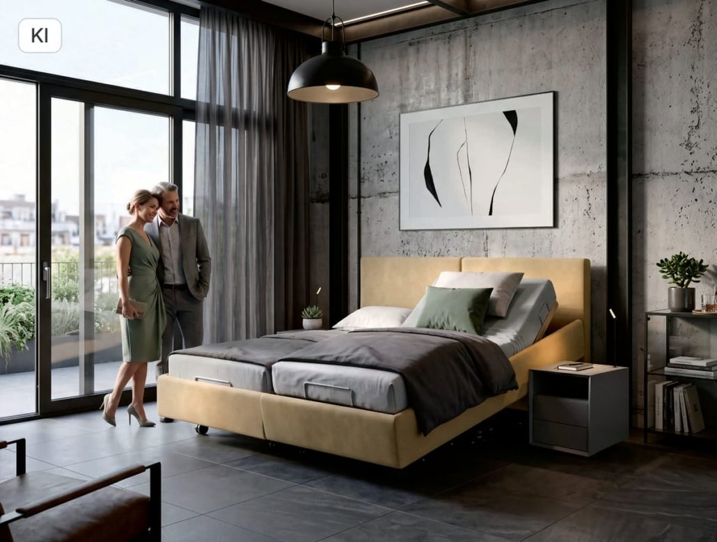 KIRCHNER Nevara Classic KIRCHNER Nevara Classic Polsterbett mit geneigtem Bettrahmen, ein Paar steht daneben (Bild KI-unterstützt, Produkt real)