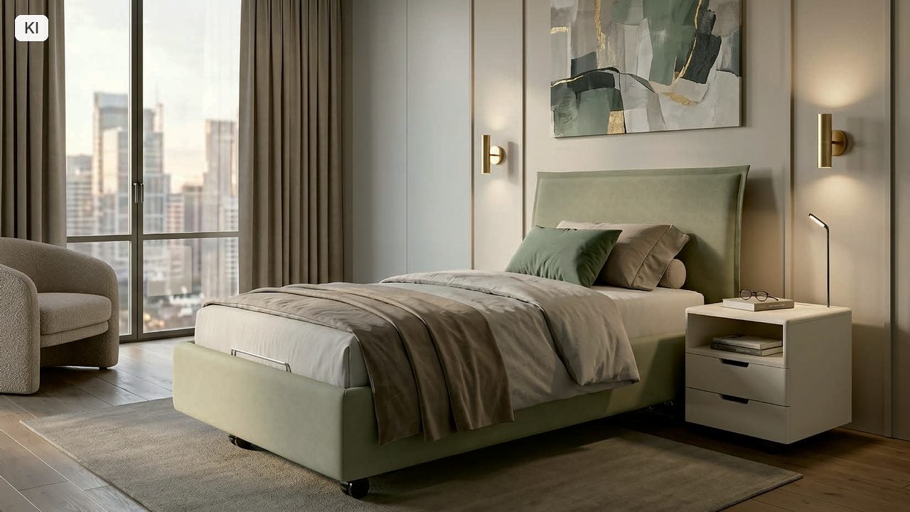 KIRCHNER Como Classic Einzelbett in grünem Polsterstoff mit niedrigem Fußteil und Nachttisch Linus (Bild KI-unterstützt, Produkt real)