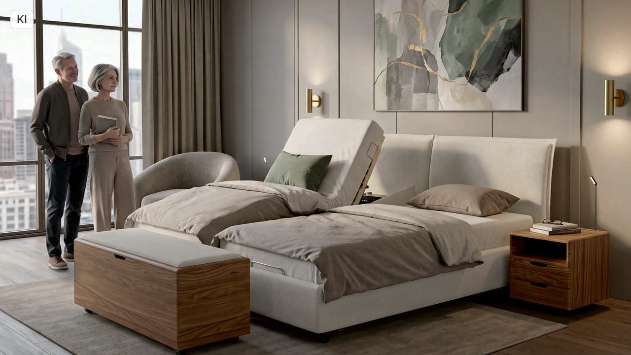 Ein Paar steht neben einem KIRCHNER Prestige Komfortbett mit hochgestelltem Rückenteil, davor eine Truhenbank (Bild KI-unterstützt, Produkt real)