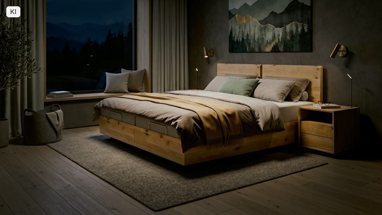 KIRCHNER Lugano als Duobett in Wildeiche massiv mit Nachttisch Modus in einem abendlichen Schlafzimmer (Bild KI-unterstützt, Produkt real)