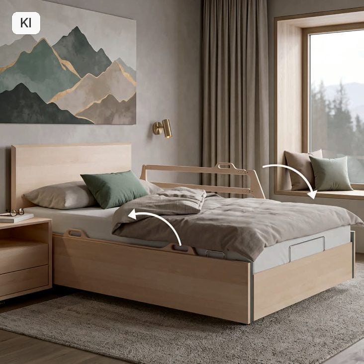 Kirchner Betten das "für immer" Funktionsbett 13 KIRCHNER Bett mit großem abklappbarem Seitenherausfallschutz Care (Bild KI-unterstützt, Produkt real)