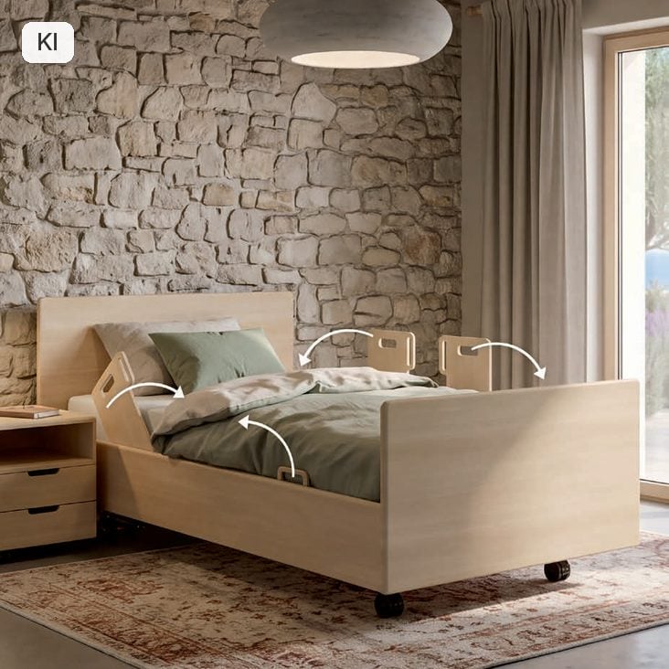 Kirchner Betten das "für immer" Funktionsbett 12 KIRCHNER Classic-Bett mit abklappbarem Seitenherausfallschutz-Panel (Bild KI-unterstützt, Produkt real)