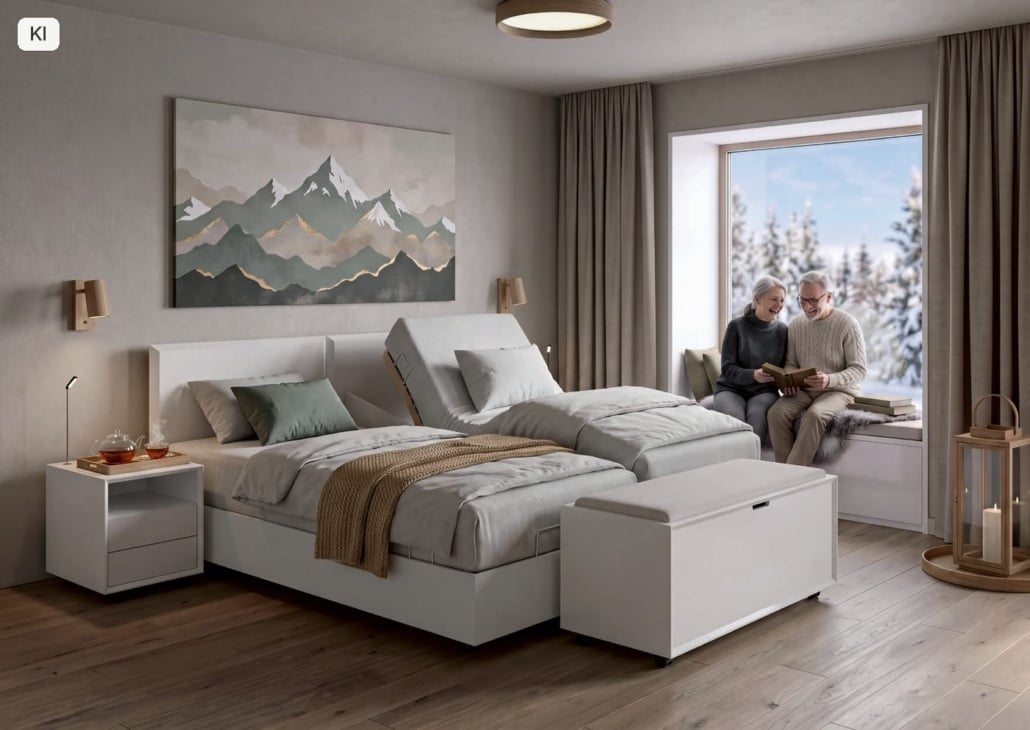 Sitzbank-Truhe Sedo im Schlafzimmer KIRCHNER Komfortbett mit Sitzbank-Truhe Sedo am Fußende, ein Paar sitzt am Fenster (Bild KI-unterstützt, Produkt real)